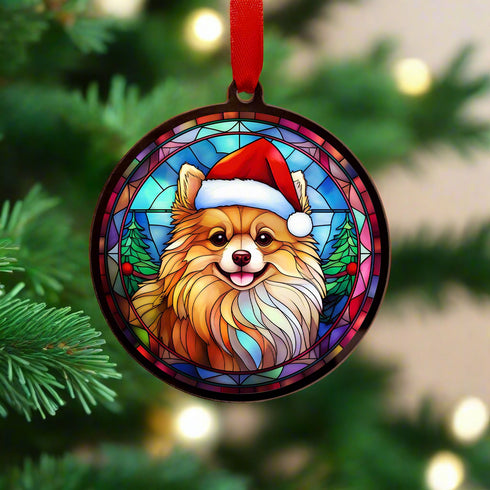 Pomeranian in Santa Hat Suncatcher Decoration